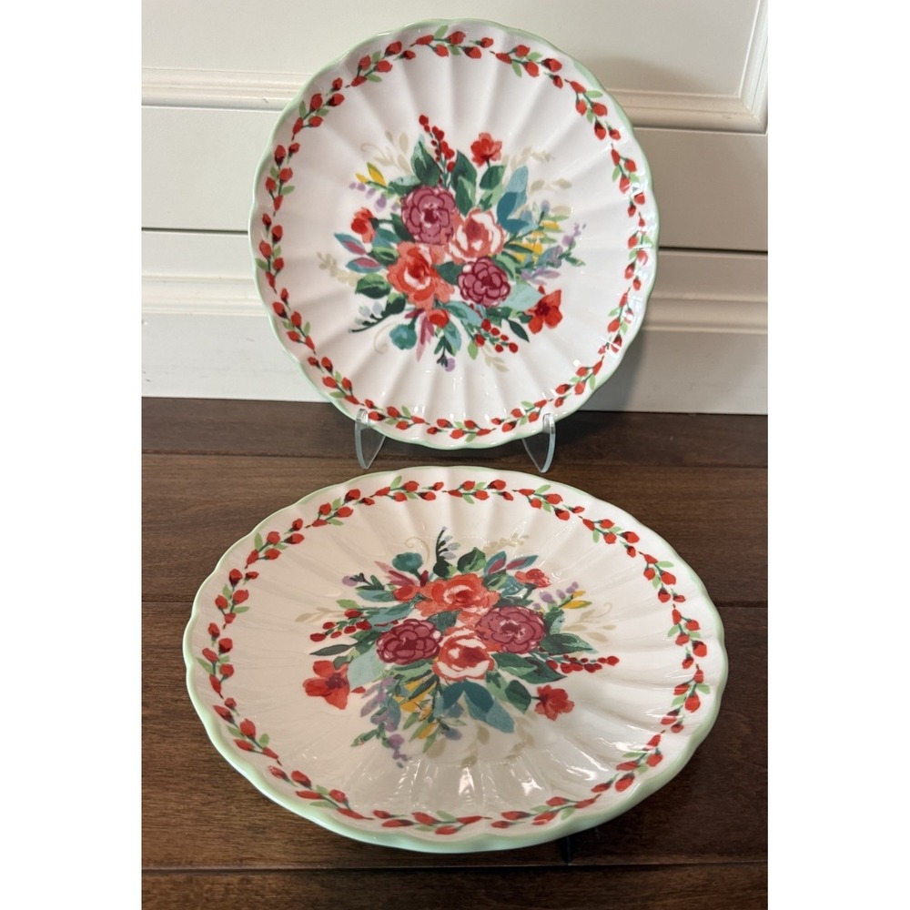 Pioneer Woman Painted Meadows Ceramic Salad Plates Green Floral 8in Lot of 2 NEW